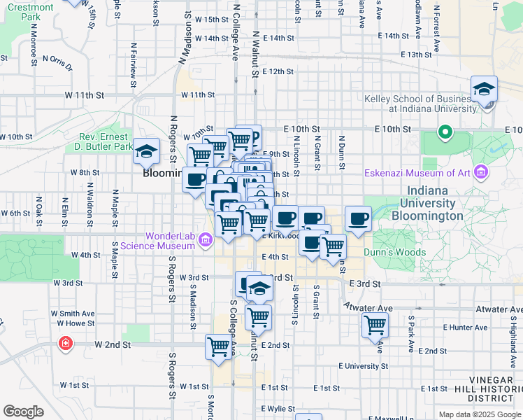 map of restaurants, bars, coffee shops, grocery stores, and more near 210 North Walnut Street in Bloomington