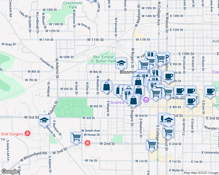map of restaurants, bars, coffee shops, grocery stores, and more near 209 North Maple Street in Bloomington
