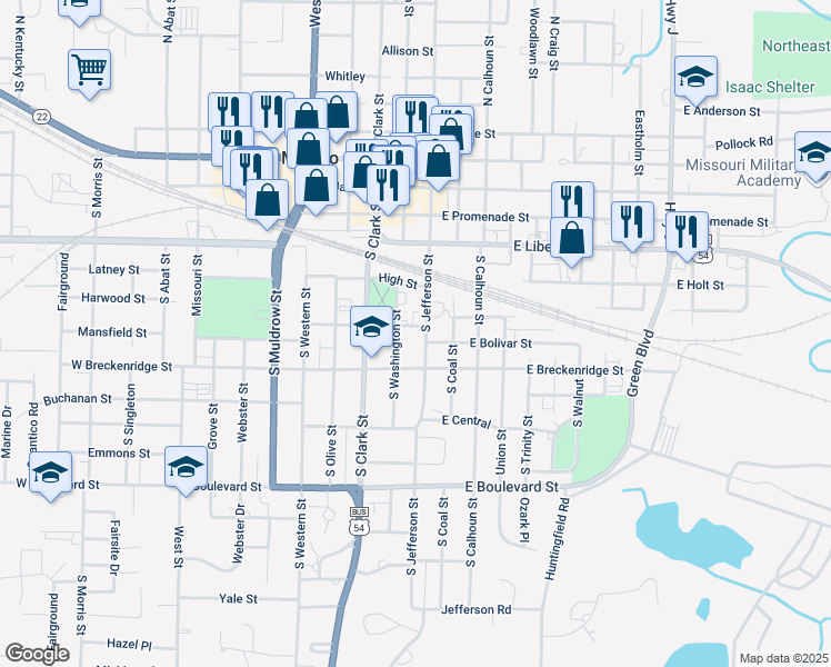 map of restaurants, bars, coffee shops, grocery stores, and more near 520 South Jefferson Street in Mexico