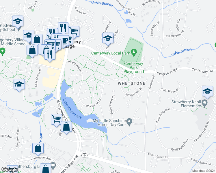 map of restaurants, bars, coffee shops, grocery stores, and more near 19000 South Pike Creek Place in Montgomery Village