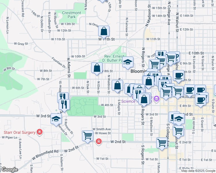 map of restaurants, bars, coffee shops, grocery stores, and more near 900 West 6th Street in Bloomington