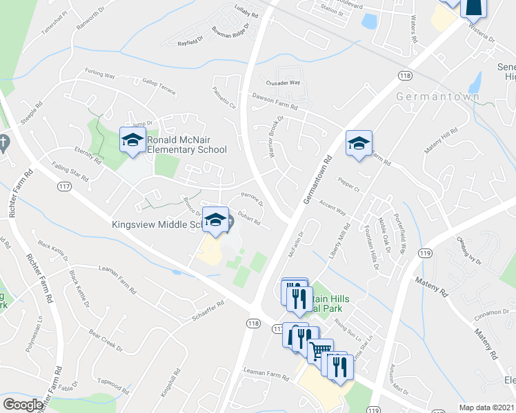 map of restaurants, bars, coffee shops, grocery stores, and more near 18908 Perrone Drive in Germantown