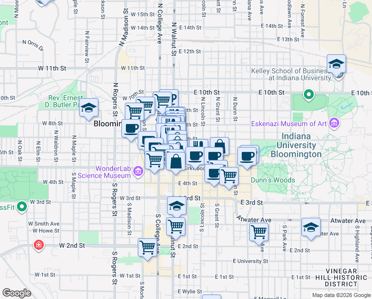 map of restaurants, bars, coffee shops, grocery stores, and more near 210 North Washington Street in Bloomington