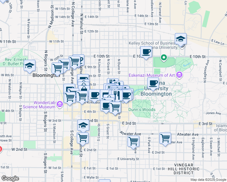 map of restaurants, bars, coffee shops, grocery stores, and more near 415 East 6th Street in Bloomington