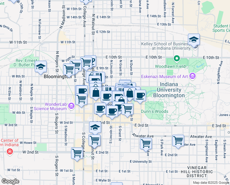 map of restaurants, bars, coffee shops, grocery stores, and more near 309 East 6th Street in Bloomington