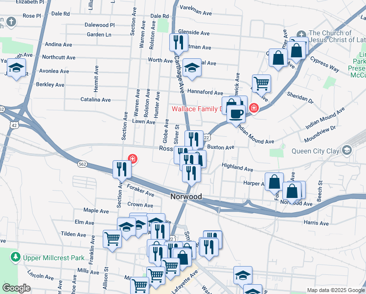 map of restaurants, bars, coffee shops, grocery stores, and more near 2130 Ross Avenue in Cincinnati