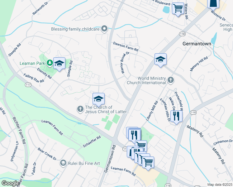 map of restaurants, bars, coffee shops, grocery stores, and more near 18908 Perrone Drive in Germantown