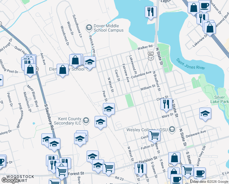map of restaurants, bars, coffee shops, grocery stores, and more near 515 North West Street in Dover