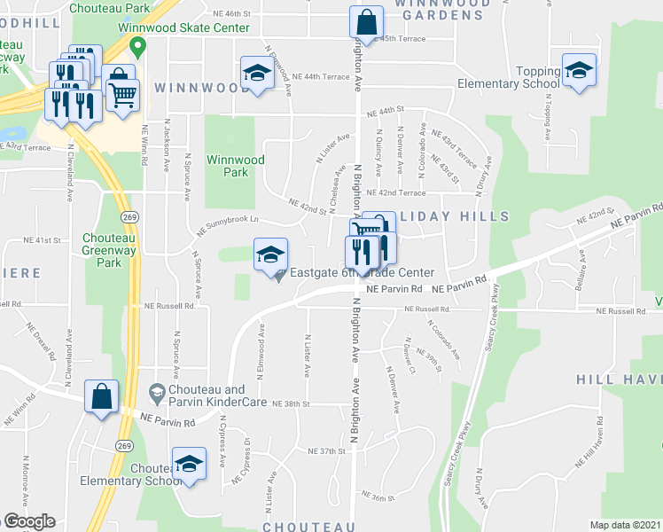 map of restaurants, bars, coffee shops, grocery stores, and more near 4900 Northeast Parvin Road in Kansas City