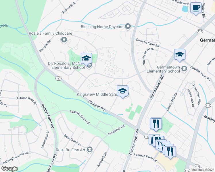 map of restaurants, bars, coffee shops, grocery stores, and more near 19004 Bronco Drive in Germantown