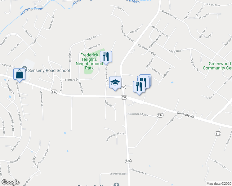 map of restaurants, bars, coffee shops, grocery stores, and more near 1855 Senseny Road in Winchester