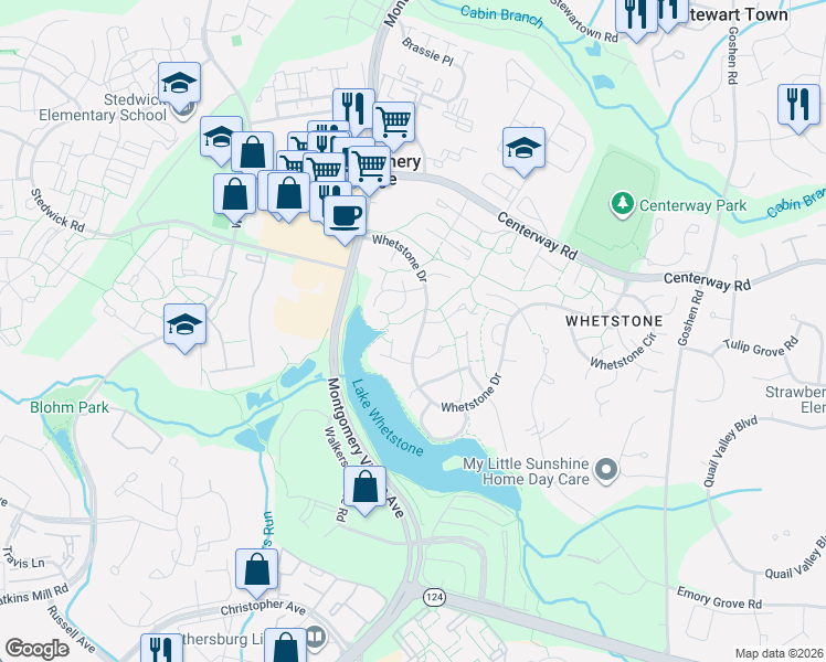 map of restaurants, bars, coffee shops, grocery stores, and more near 9764 Whetstone Drive in Montgomery Village