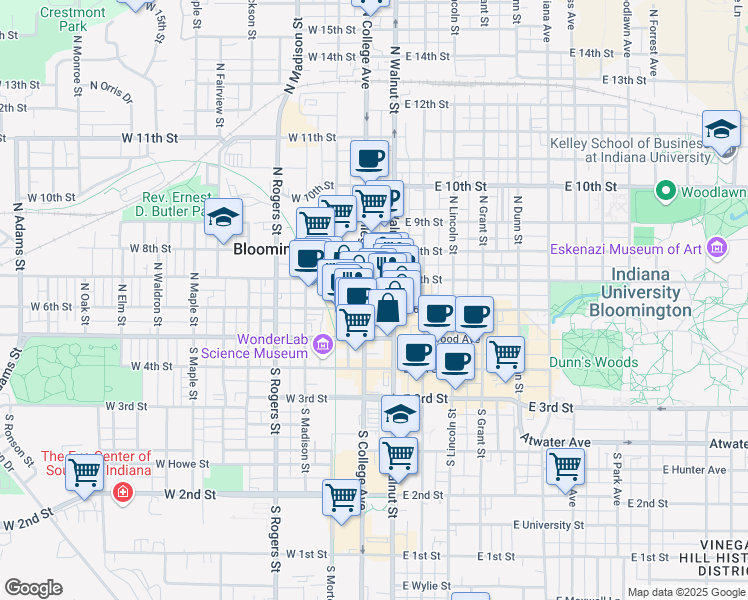 map of restaurants, bars, coffee shops, grocery stores, and more near 205 North College Avenue in Bloomington
