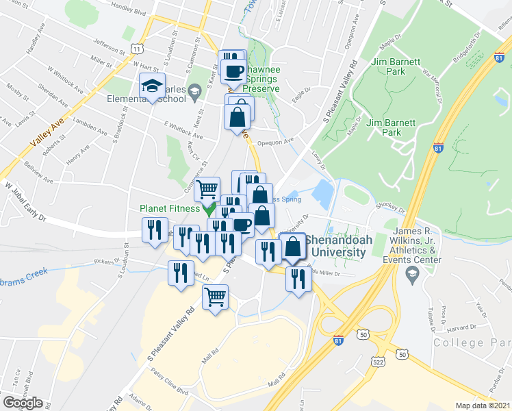 map of restaurants, bars, coffee shops, grocery stores, and more near 1517 South Pleasant Valley Road in Winchester