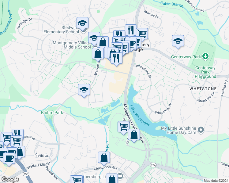 map of restaurants, bars, coffee shops, grocery stores, and more near 18926 Montgomery Village Avenue in Gaithersburg