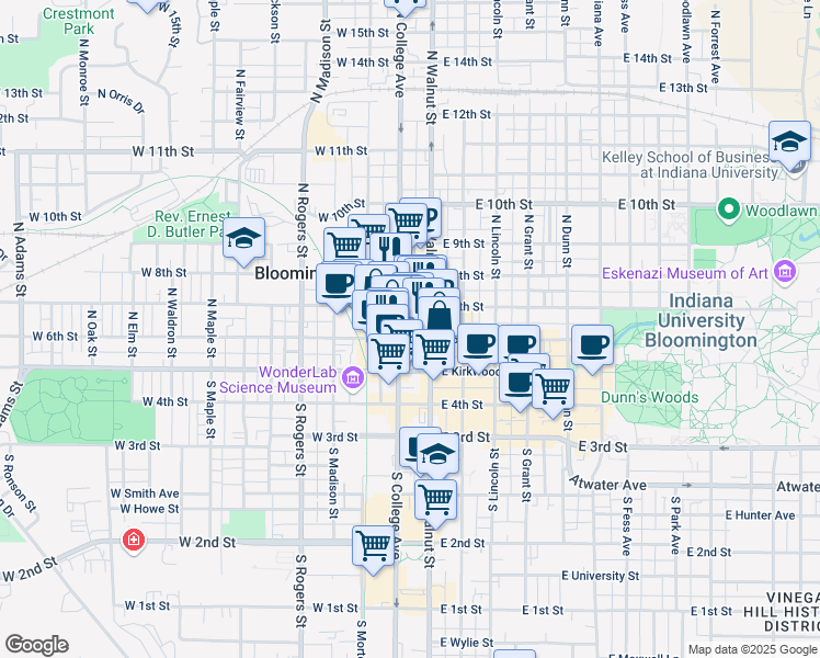 map of restaurants, bars, coffee shops, grocery stores, and more near 116 West 6th Street in Bloomington