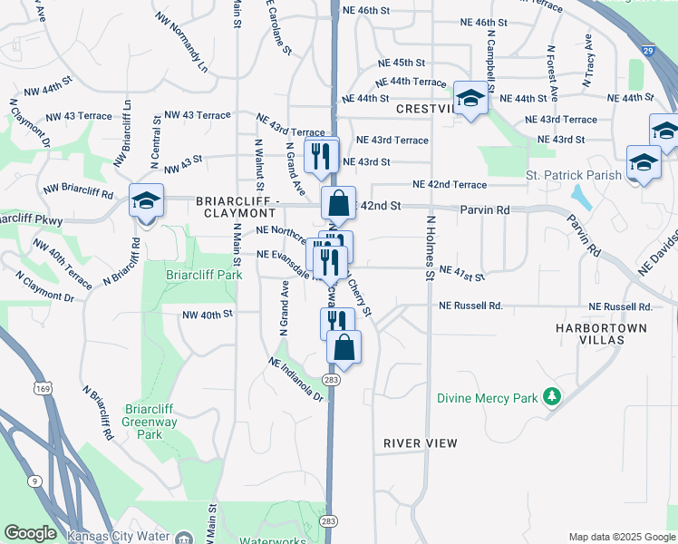 map of restaurants, bars, coffee shops, grocery stores, and more near 4027 North Oak Trafficway in Kansas City