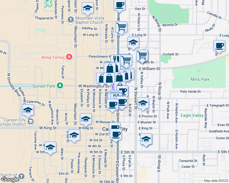 map of restaurants, bars, coffee shops, grocery stores, and more near 600 North Carson Street in Carson City