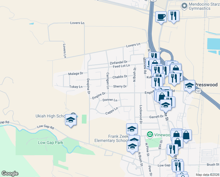 map of restaurants, bars, coffee shops, grocery stores, and more near 1330 Carrigan Ln in Ukiah