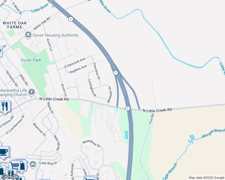 map of restaurants, bars, coffee shops, grocery stores, and more near 27 Nicholas Drive in Dover