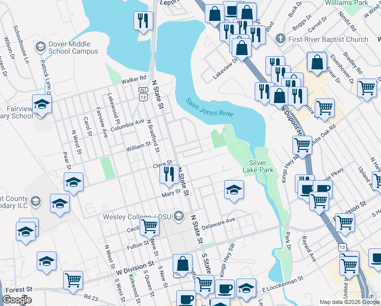 map of restaurants, bars, coffee shops, grocery stores, and more near 24 Rodney Road in Dover