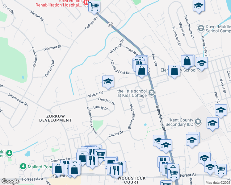 map of restaurants, bars, coffee shops, grocery stores, and more near 1156 Walker Road in Dover