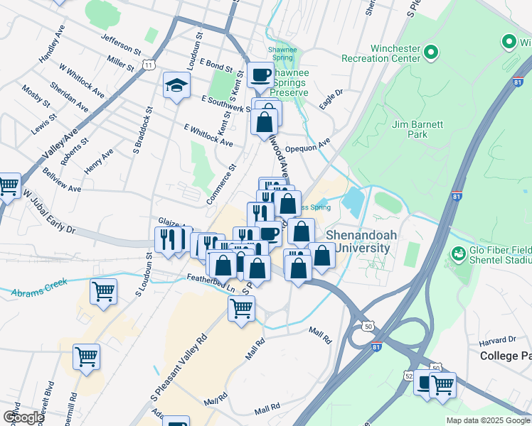 map of restaurants, bars, coffee shops, grocery stores, and more near 1523 South Pleasant Valley Road in Winchester