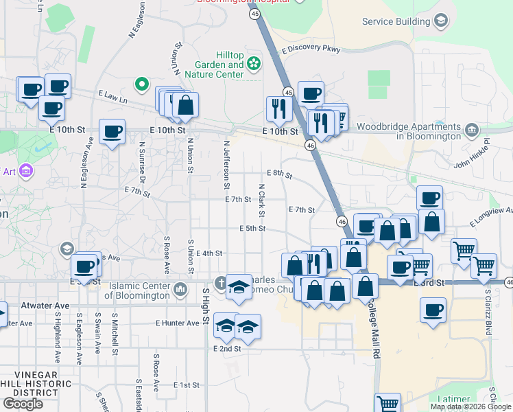 map of restaurants, bars, coffee shops, grocery stores, and more near 134 North Clark Street in Bloomington
