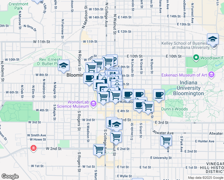 map of restaurants, bars, coffee shops, grocery stores, and more near 210 North Walnut Street in Bloomington