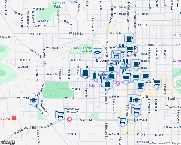 map of restaurants, bars, coffee shops, grocery stores, and more near 626 West 6th Street in Bloomington