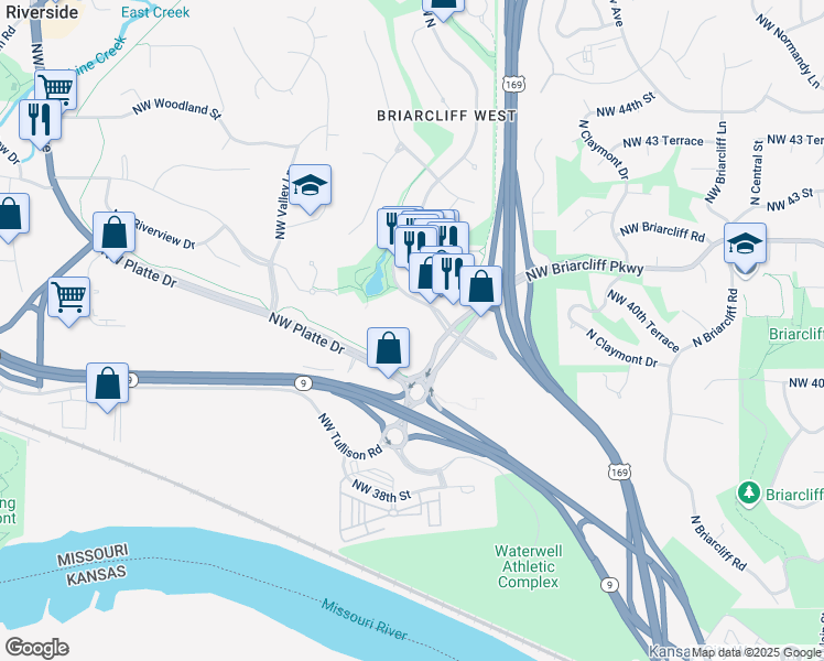 map of restaurants, bars, coffee shops, grocery stores, and more near 4100 North Mulberry Drive in Kansas City
