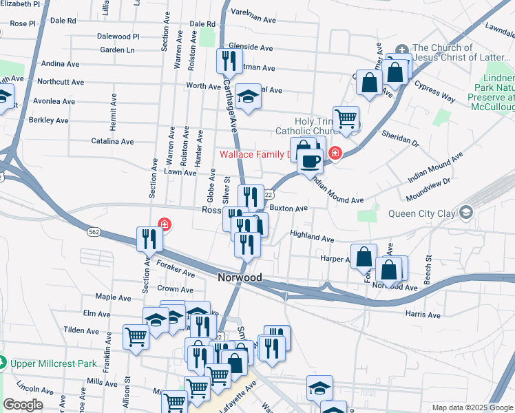 map of restaurants, bars, coffee shops, grocery stores, and more near 5109 Montgomery Road in Cincinnati