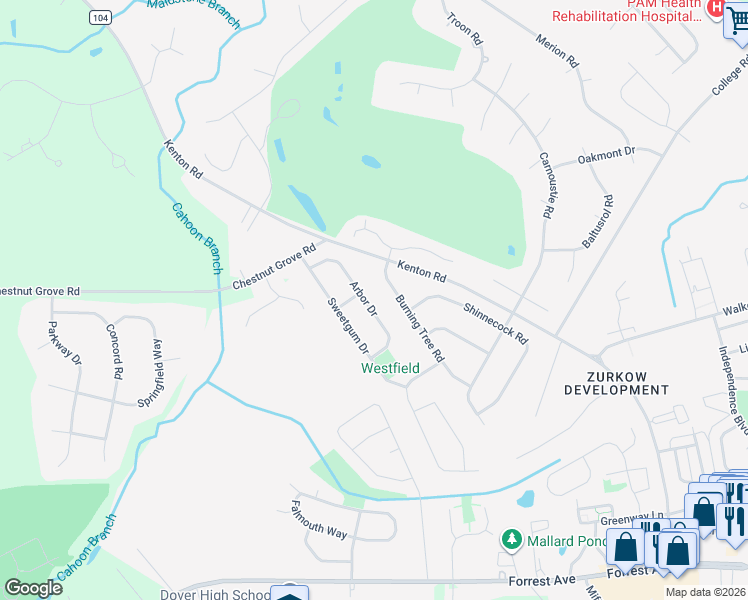 map of restaurants, bars, coffee shops, grocery stores, and more near 21 Arbor Drive in Dover