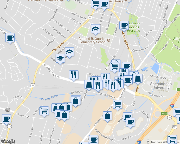 map of restaurants, bars, coffee shops, grocery stores, and more near 6 Glaize Ave in Winchester