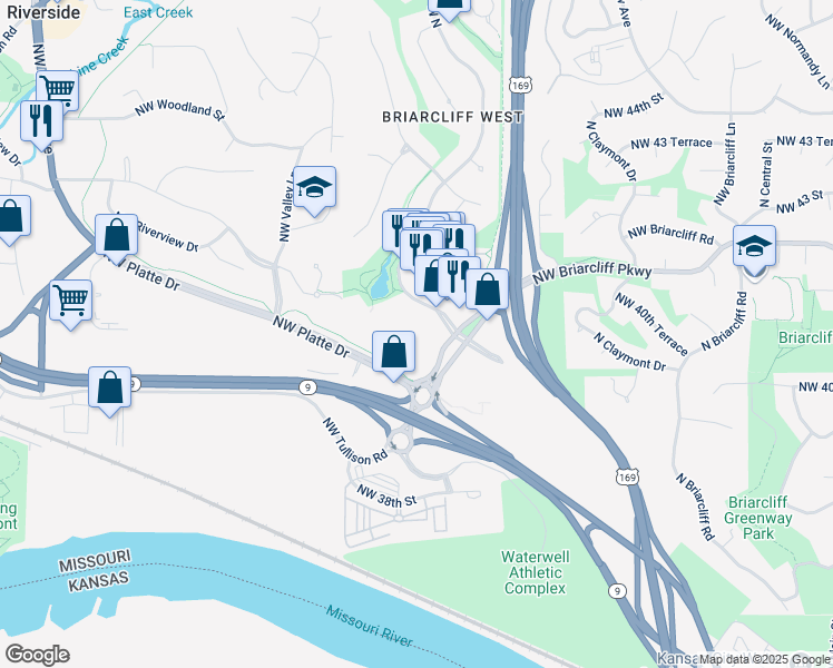 map of restaurants, bars, coffee shops, grocery stores, and more near 4100 North Mulberry Drive in Kansas City