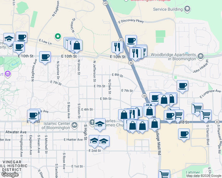 map of restaurants, bars, coffee shops, grocery stores, and more near 134 North Clark Street in Bloomington