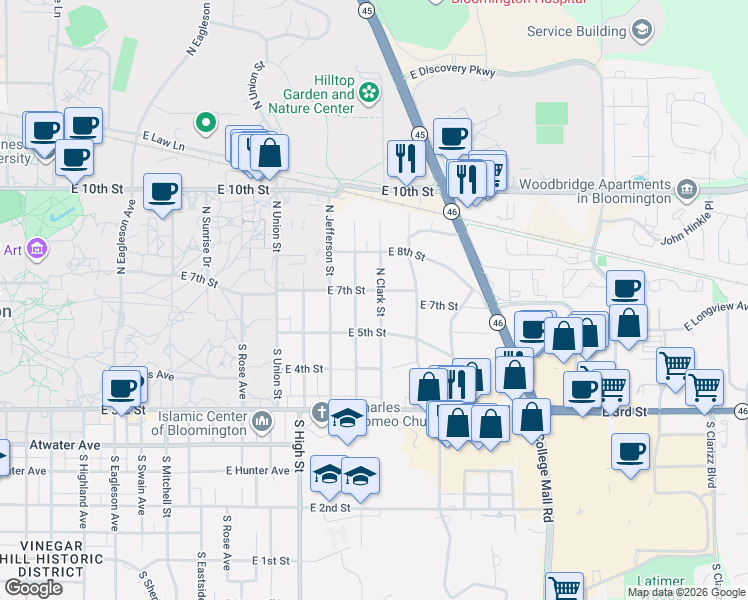 map of restaurants, bars, coffee shops, grocery stores, and more near 134 North Clark Street in Bloomington
