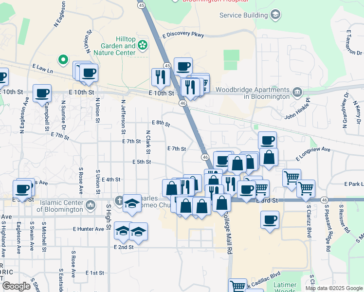 map of restaurants, bars, coffee shops, grocery stores, and more near 2531 East 7th Street in Bloomington