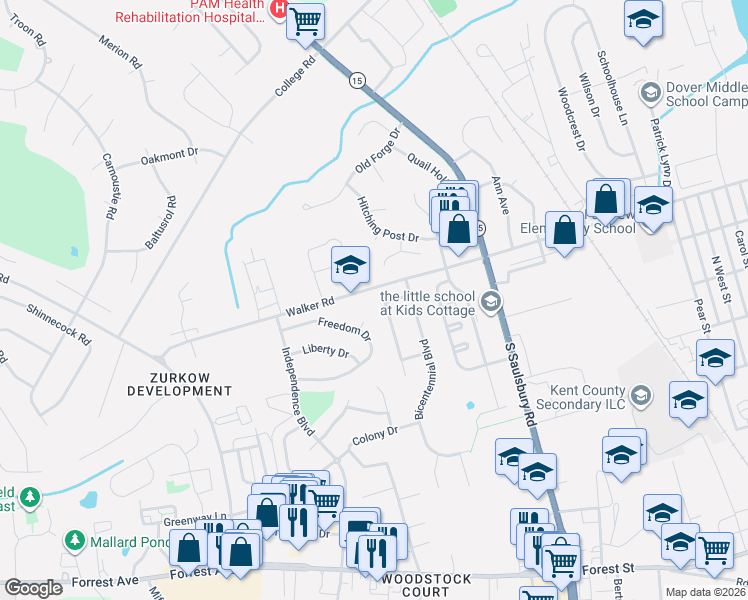 map of restaurants, bars, coffee shops, grocery stores, and more near 1156 Walker Road in Dover