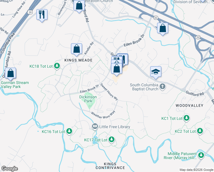 map of restaurants, bars, coffee shops, grocery stores, and more near 7263 Eden Brook Drive in Columbia