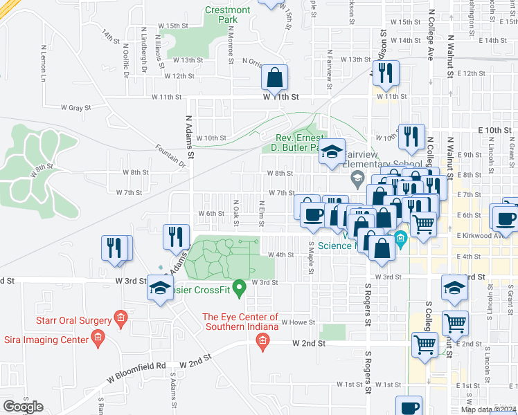 map of restaurants, bars, coffee shops, grocery stores, and more near 1002 West 6th Street in Bloomington