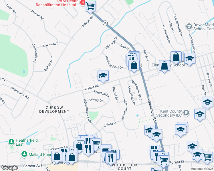 map of restaurants, bars, coffee shops, grocery stores, and more near 1156 Walker Road in Dover