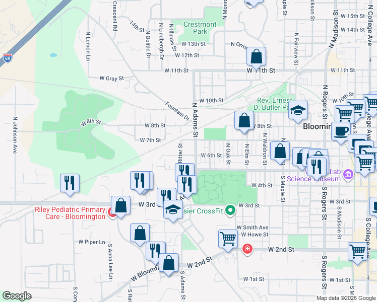 map of restaurants, bars, coffee shops, grocery stores, and more near 223 North Adams Street in Bloomington