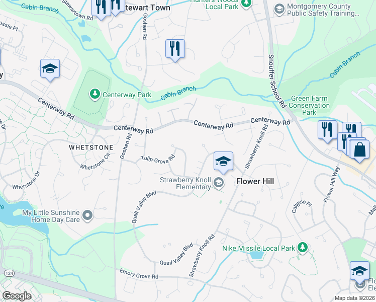 map of restaurants, bars, coffee shops, grocery stores, and more near 18929 Glendower Rd in Gaithersburg