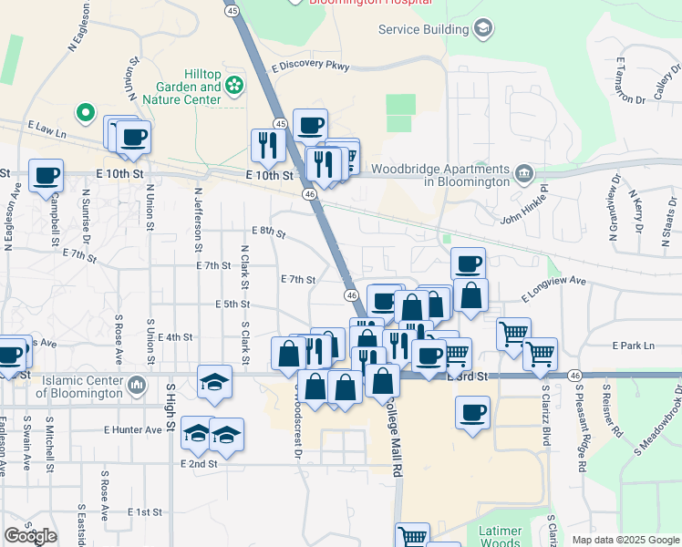 map of restaurants, bars, coffee shops, grocery stores, and more near 125 South State Road 446 in Bloomington
