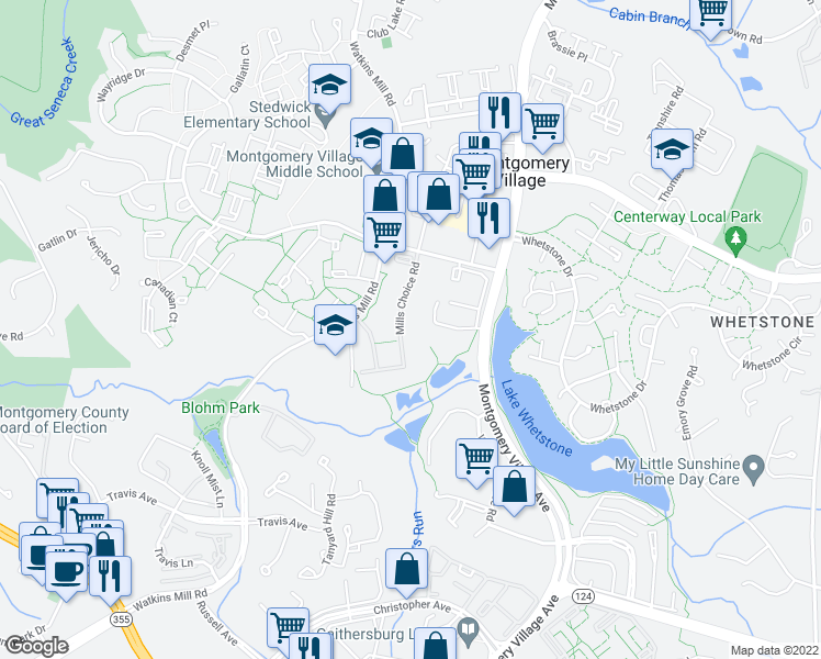 map of restaurants, bars, coffee shops, grocery stores, and more near 18927 Mills Choice Road in Montgomery Village