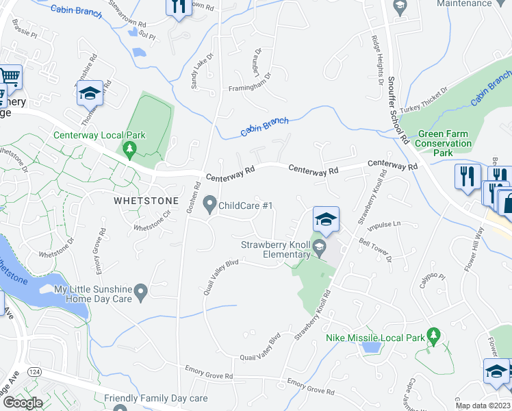 map of restaurants, bars, coffee shops, grocery stores, and more near 19000 Glendower Road in Gaithersburg