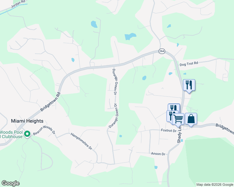 map of restaurants, bars, coffee shops, grocery stores, and more near 3990 Durango Green Drive in Cleves
