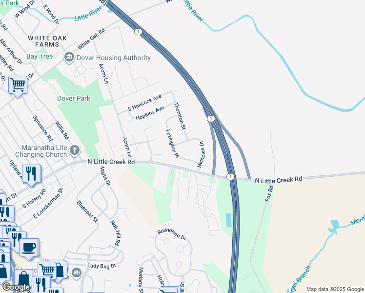 map of restaurants, bars, coffee shops, grocery stores, and more near 58 Nicholas Drive in Dover