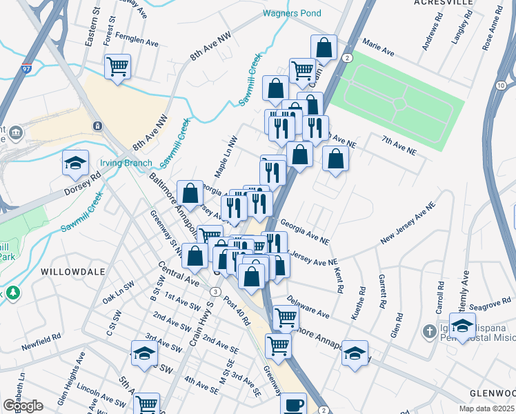 map of restaurants, bars, coffee shops, grocery stores, and more near 401 Crain Highway North in Glen Burnie